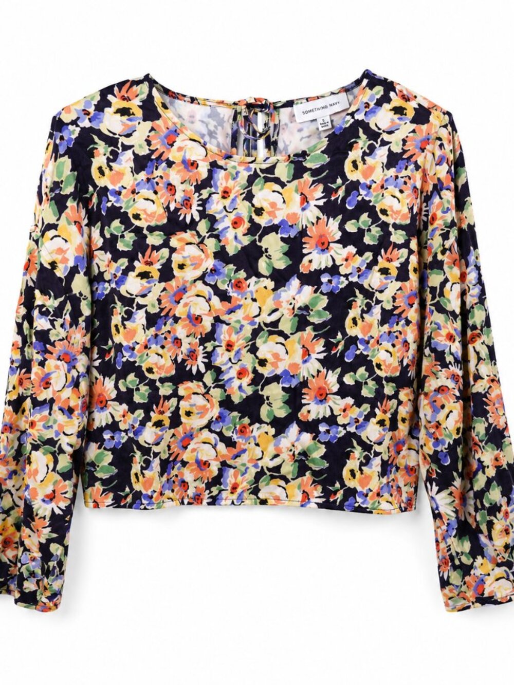 NWT Something Navy Floral Long Sleeve Cropped Top Size S